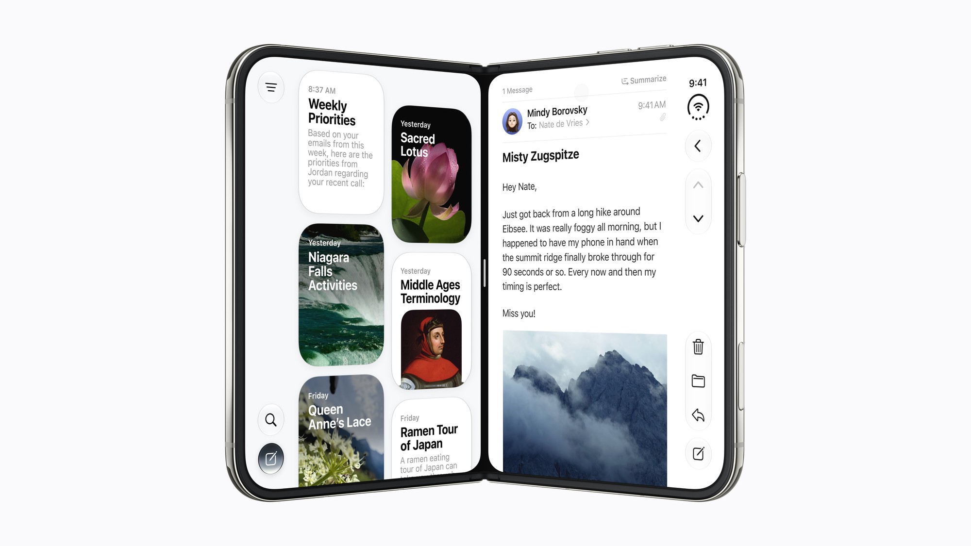 Unfolded iPhone Duo showing two apps side by side: a Siri suggestions panel with article cards on the left and a Mail message on the right