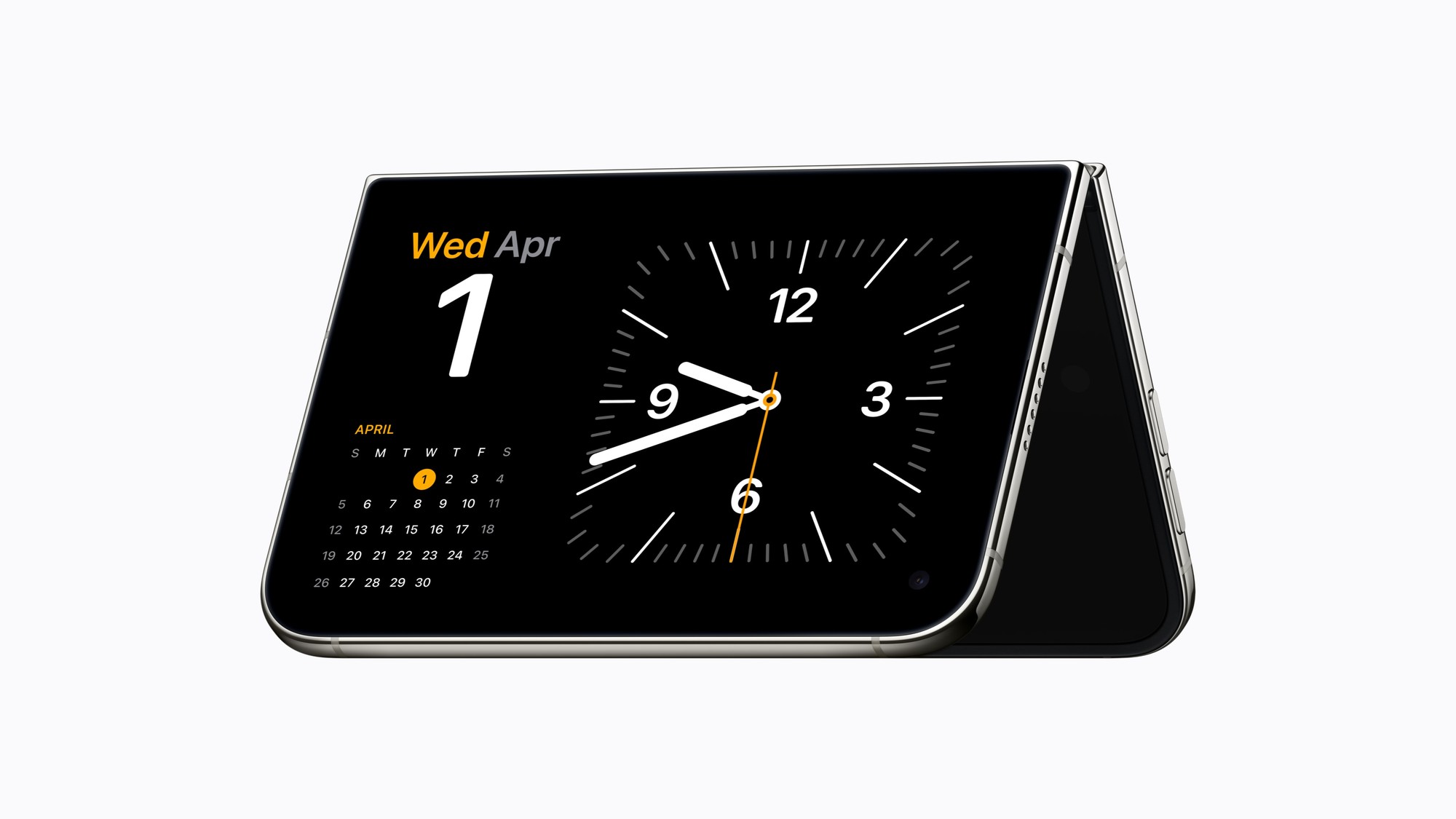 iPhone Duo standing half-folded in tent mode on a white surface, its outer screen showing a large analog clock with the date Wed Apr 1