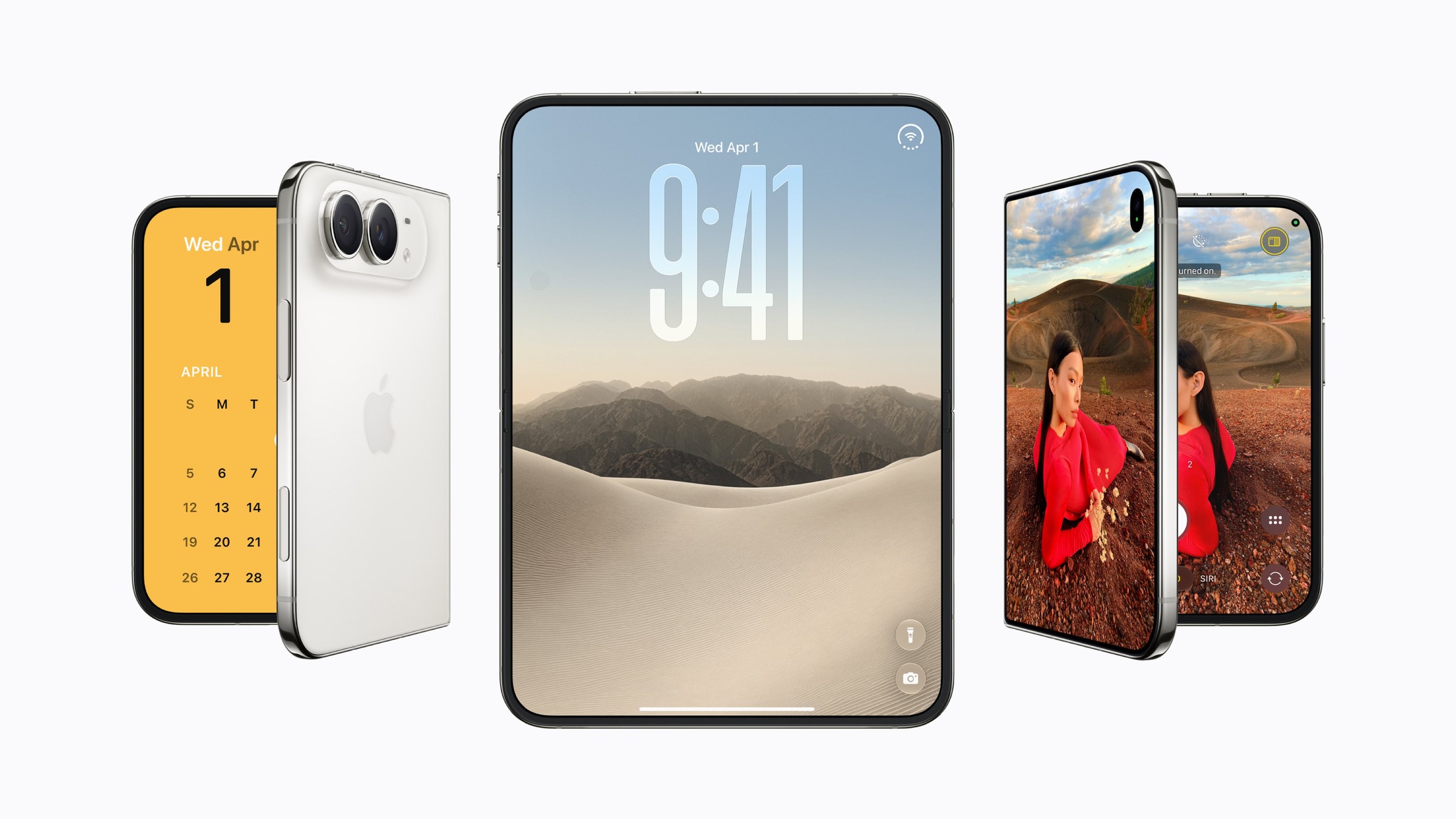 Three iPhone Duo phones on a white background: a white model folded showing its dual rear cameras and a yellow calendar screen, one unfolded in the middle showing a 9:41 lock screen over desert dunes, and one folded showing the camera app