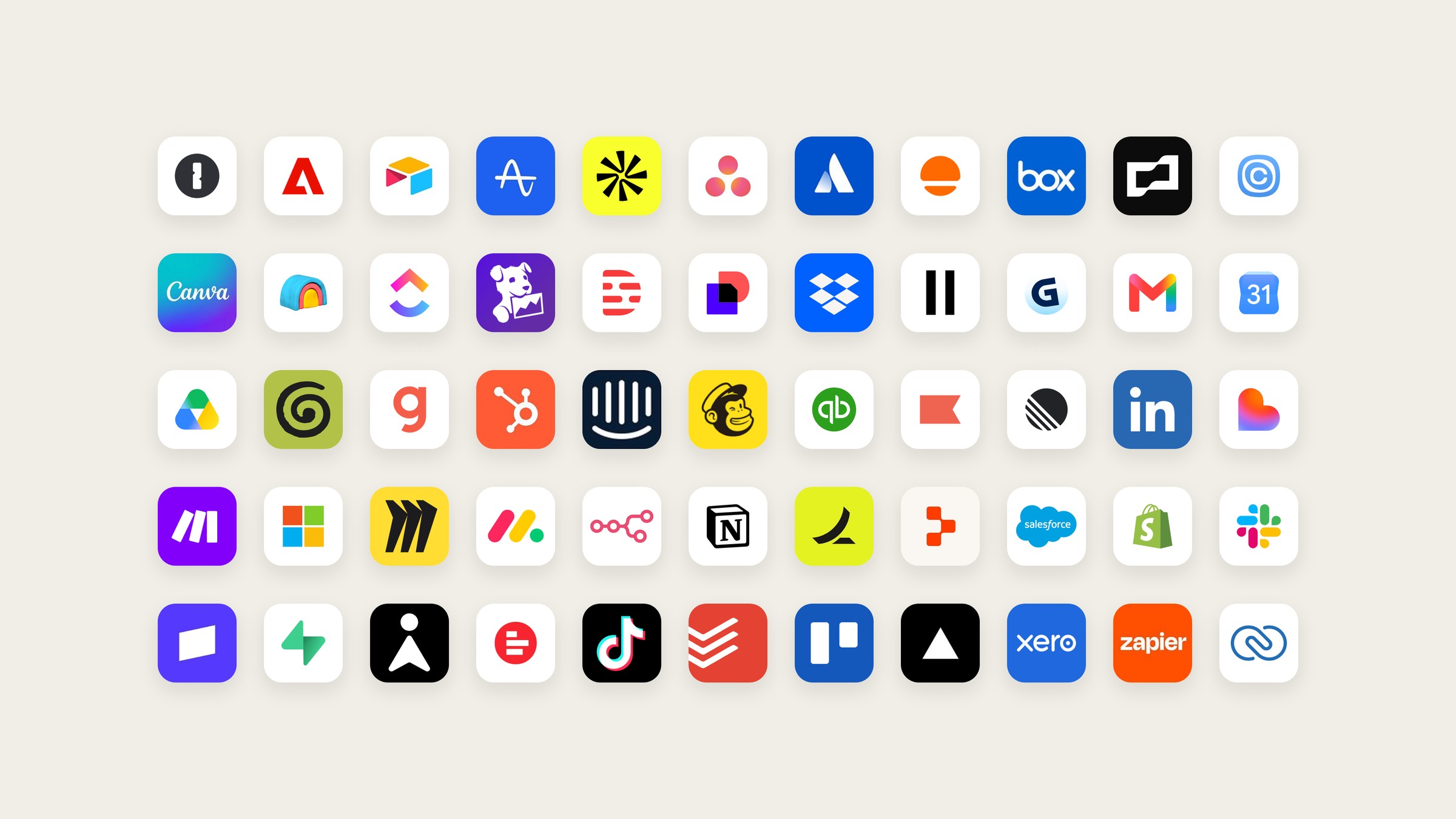 A grid of app icons that work with Claude Duet, including Gmail, Google Calendar, Slack, Canva, HubSpot, QuickBooks, LinkedIn, Notion, Shopify, Salesforce, Dropbox, Box, Xero and Zapier