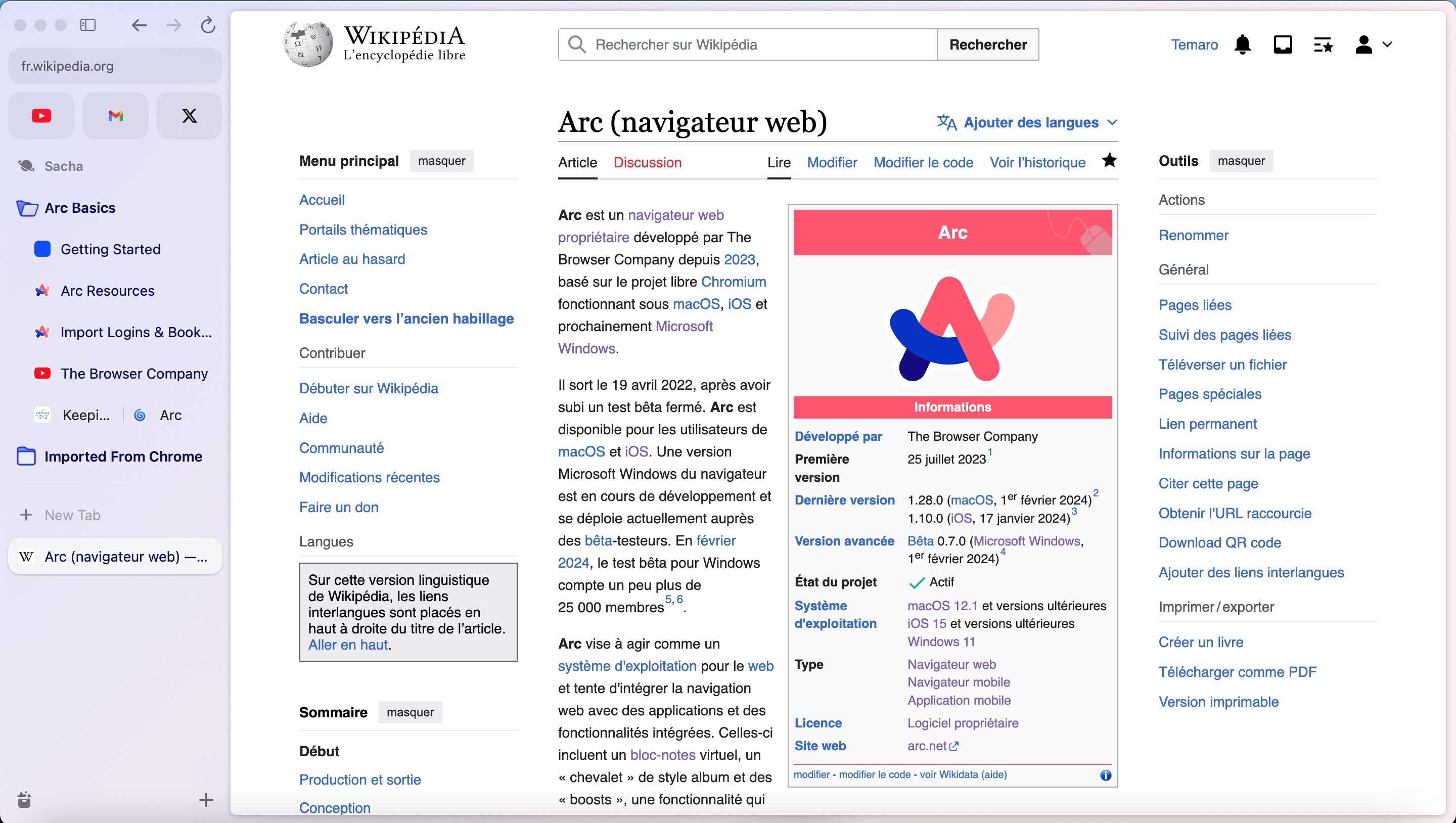 Arc browser window on a Mac with its colorful sidebar of pinned tabs and folders, showing a Wikipedia page about Arc with the Arc logo
