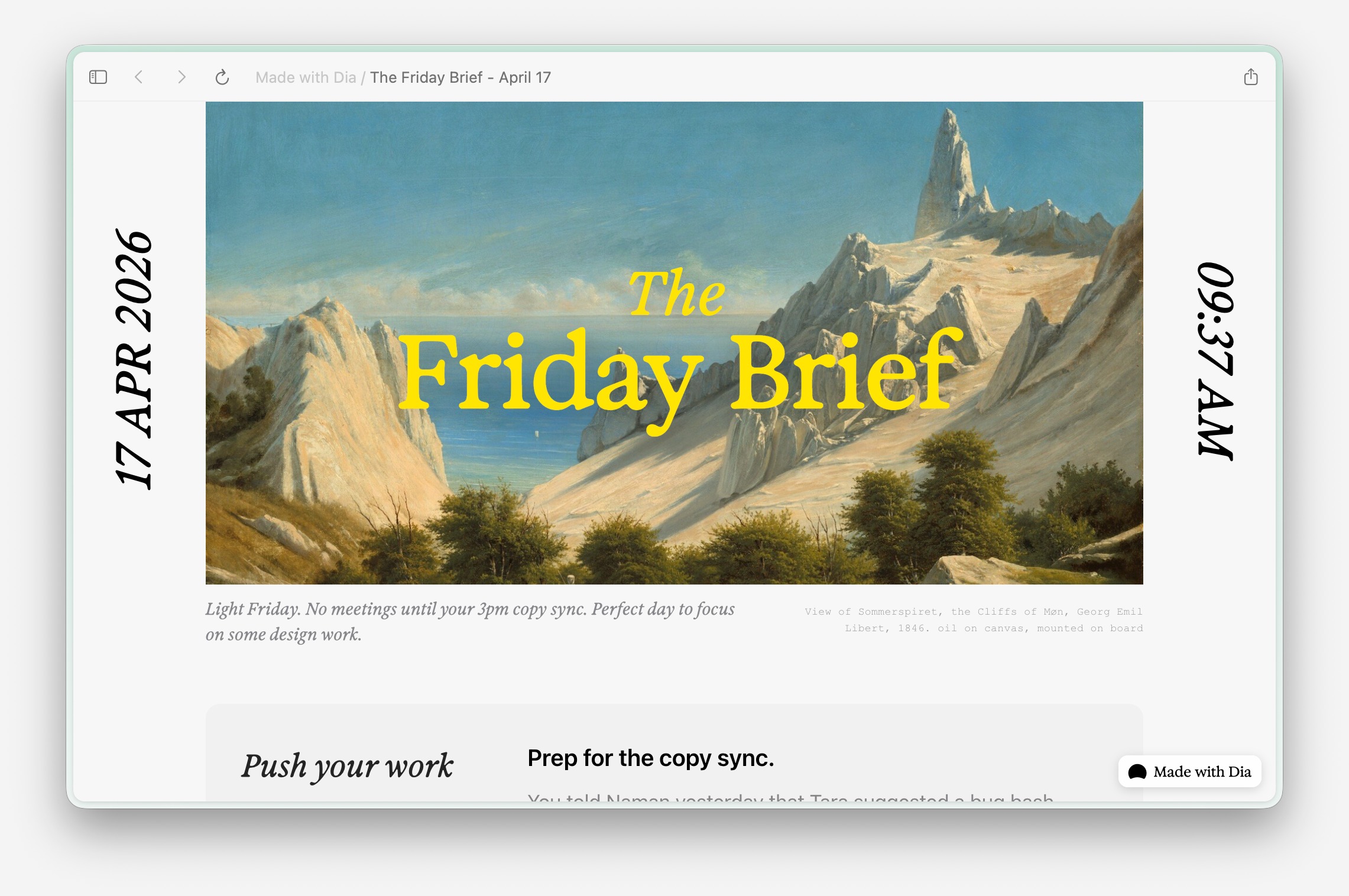 Dia browser window showing an AI-generated Friday Brief page with a painted mountain and sea landscape under a yellow headline