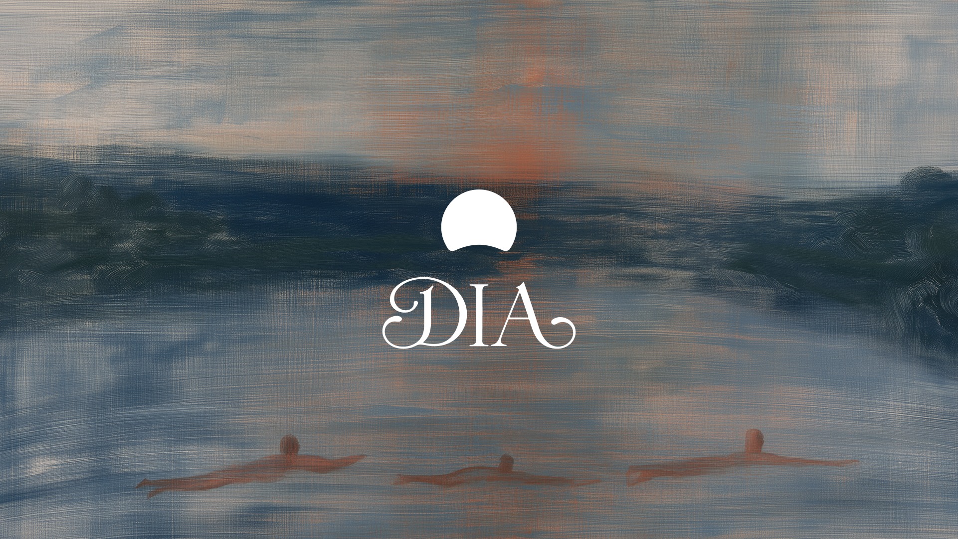 Dia browser logo, a white half-circle above the word DIA, over a painted blue and orange lake scene