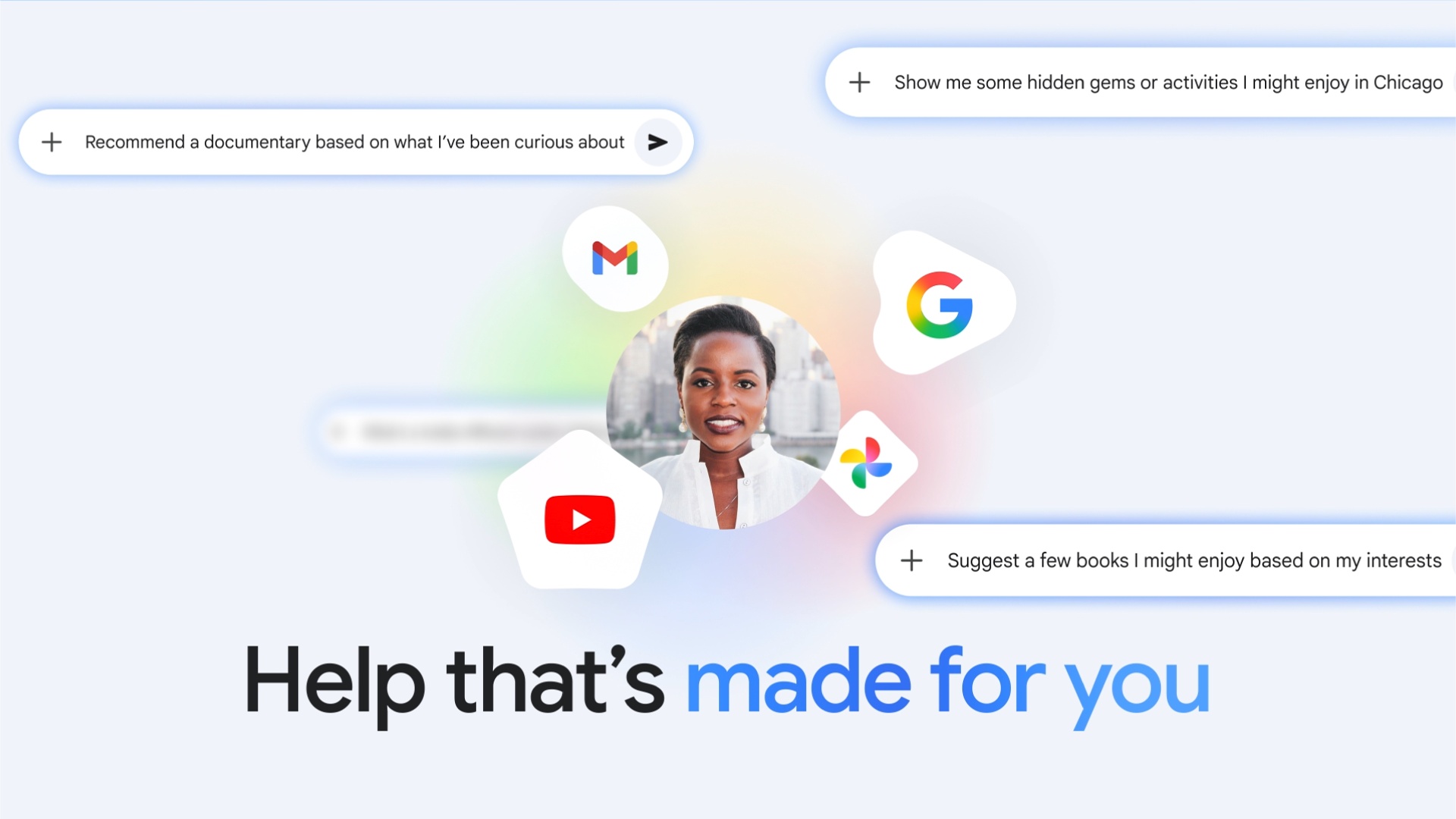 Google's official Personal Intelligence graphic showing a woman's portrait surrounded by Gmail, Google, Google Photos and YouTube icons and example prompts, with the line Help that's made for you