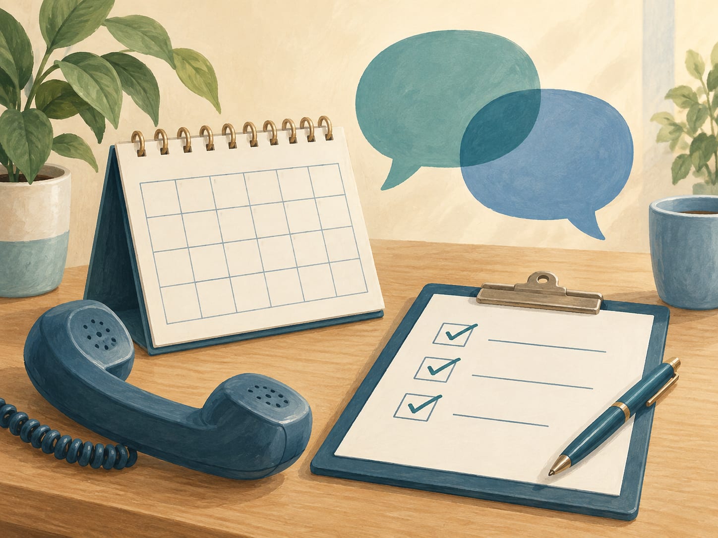 Illustration of a calendar, speech bubbles, telephone and appointment checklist.