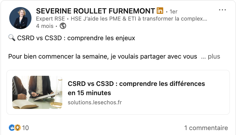 Post avant le Bootcamp : partage d’un article CSRD / CS3D, 10 réactions et 1 commentaire.