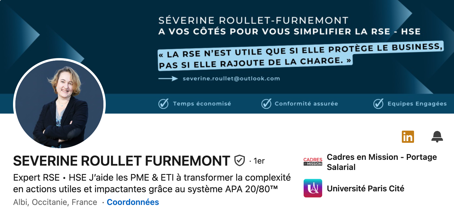 Profil LinkedIn de Séverine après le Bootcamp : cible PME et ETI, expertise RSE / HSE, système APA 20/80.