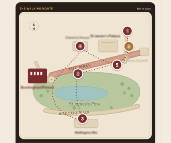 The numbered walking route, mapped stop by stop