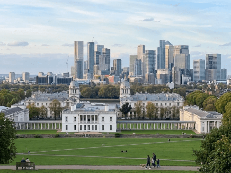 View from Greenwich Park hill toward Canary Wahrf, London.