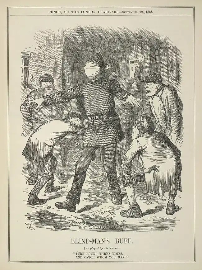 Blind Man's Buff — Punch cartoon, 1888, satirising the failed Jack the Ripper investigation