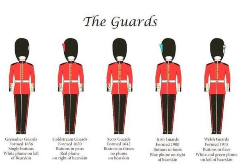Royal guards five regiments with different buttons and plumes changing of the guard London