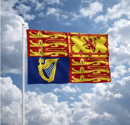 Royal Standard flag flying at Buckingham Palace London — meaning the King is in residence