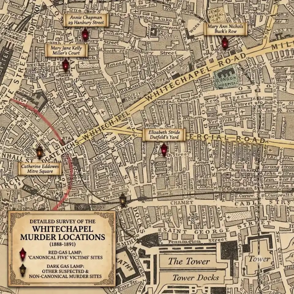 Map of Jack the Ripper murder sites in Whitechapel, 1888