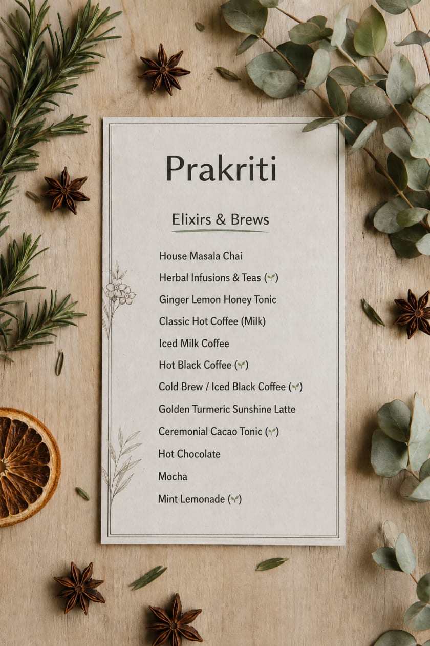 Prakriti Café beverages menu
