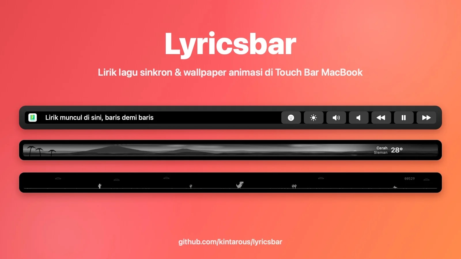 Lyricsbar: Lirik Lagu Sinkron dan Wallpaper Animasi di Touch Bar MacBook
