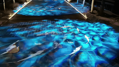 Real photo of blue water ripple pattern projected on floor