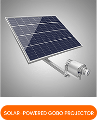 Solar-powered gobo projector with attached solar panel, silver body, 3/4 view, grey card with orange banner 'Solar-Powered Gobo Projector'