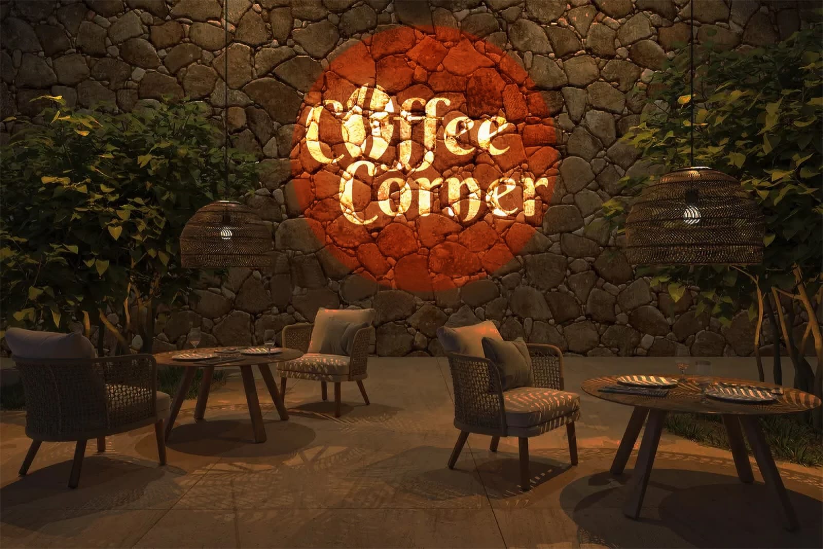 Brand projection over outdoor patio dining at night — Infinity Projectors