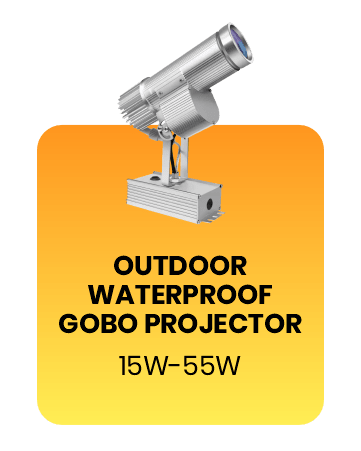 Outdoor waterproof gobo projector, silver body, 3/4 view, on an orange gradient card labeled 'Outdoor Waterproof Gobo Projector, 15W-55W'