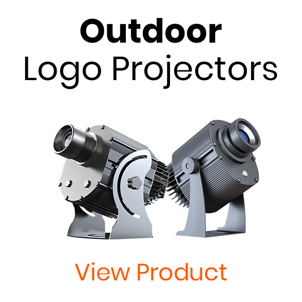 Side-by-side dark grey outdoor logo projectors under the heading 'Outdoor Logo Projectors' with a 'View Product' button - category header graphic