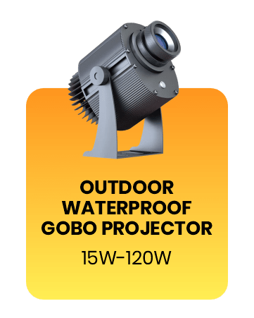 Outdoor waterproof gobo projector, dark grey body, 3/4 view, on an orange gradient card labeled 'Outdoor Waterproof Gobo Projector, 15W-120W'