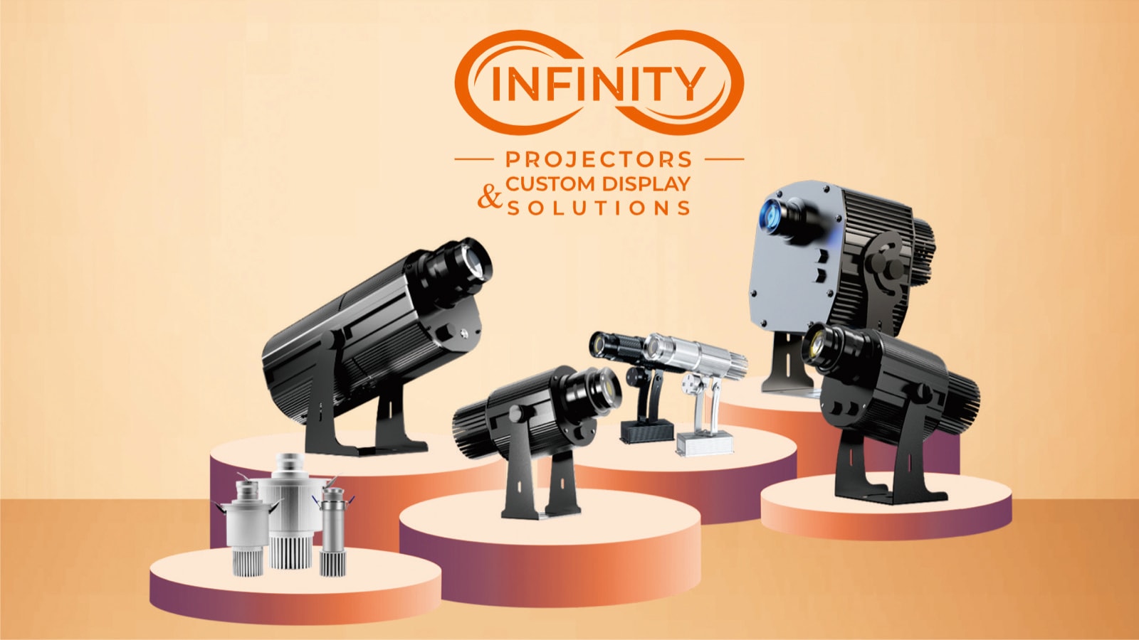The Infinity gobo projector range side by side, from compact low-wattage units to large high-output models