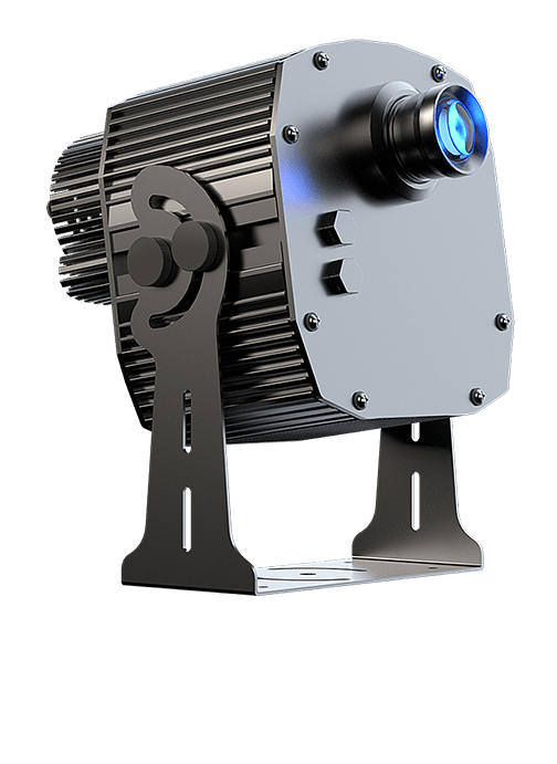 Multi-gobo projector, black body, 3/4 front-left view with blue lens glow, transparent background