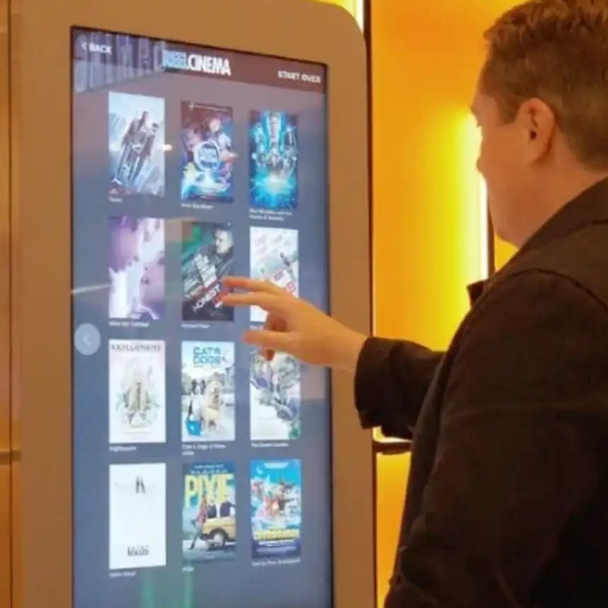 Interactive Floorstanding Touchscreen Kiosks — Real estate logo gobo projection for property branding — projected with a gobo logo projector