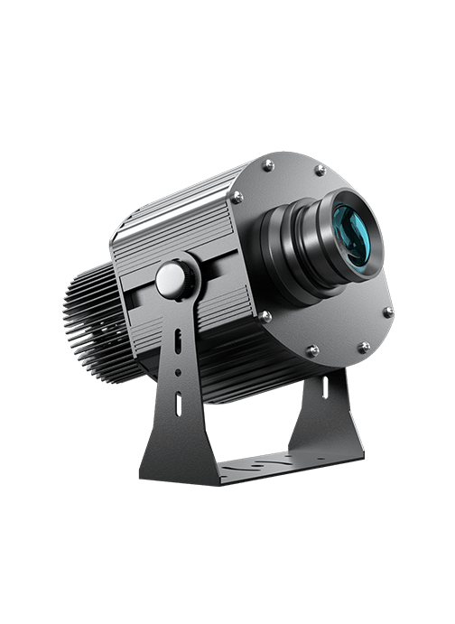 Multi-gobo projector, dark grey body, 3/4 front-right view with blue lens glow, transparent background