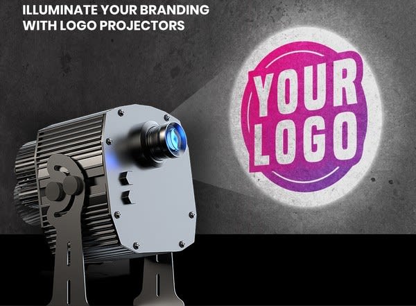 Infinity multi-gobo logo projector beaming a glowing YOUR LOGO onto a concrete wall — welcome email hero