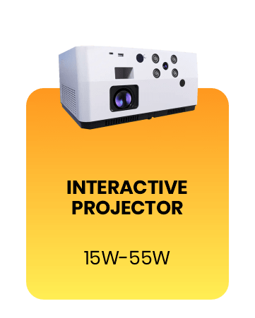Interactive projector, white body, 3/4 view, on an orange gradient card labeled 'Interactive Projector, 15W-55W'