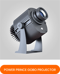 PowerPrince-style outdoor gobo projector, dark grey/black body, 3/4 view, grey card with orange banner 'Power Prince Gobo Projector'