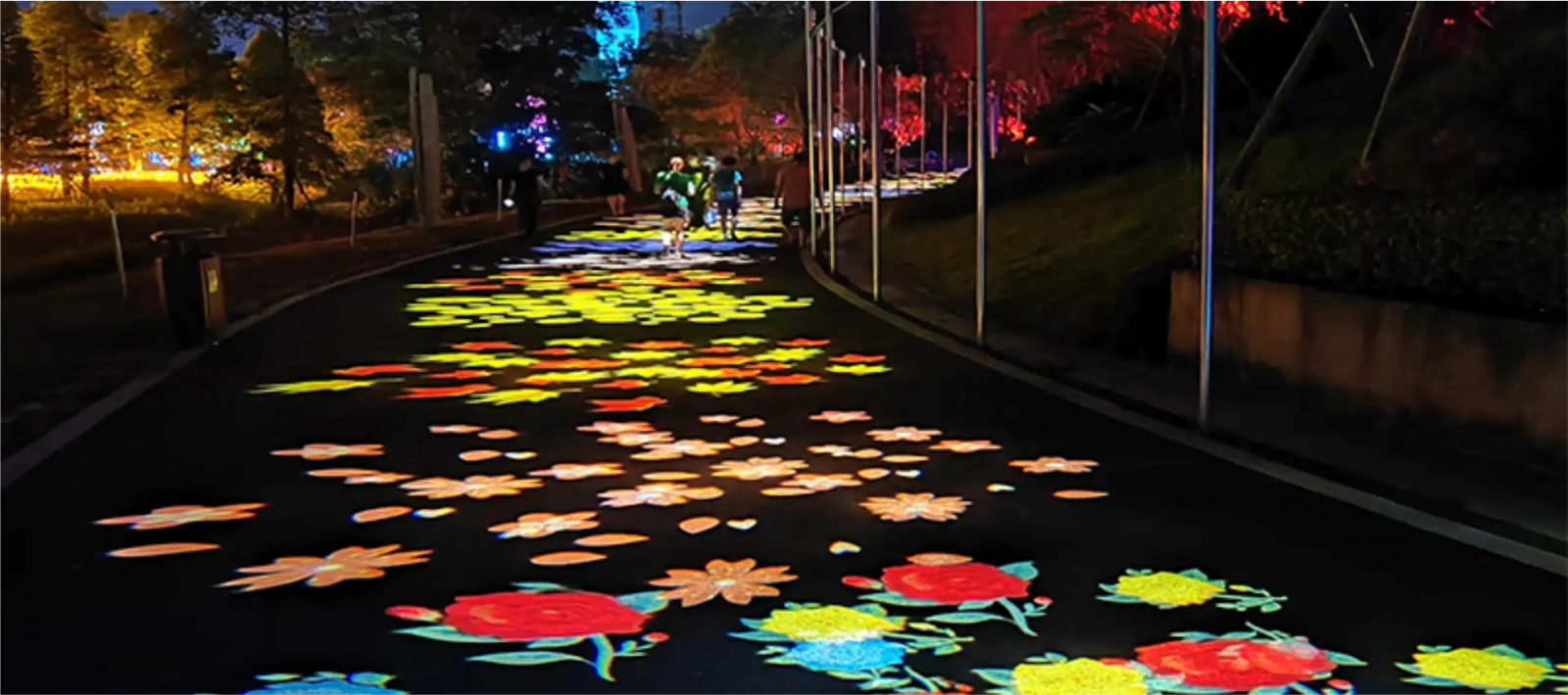 Real aerial photo of colorful pattern projected on path