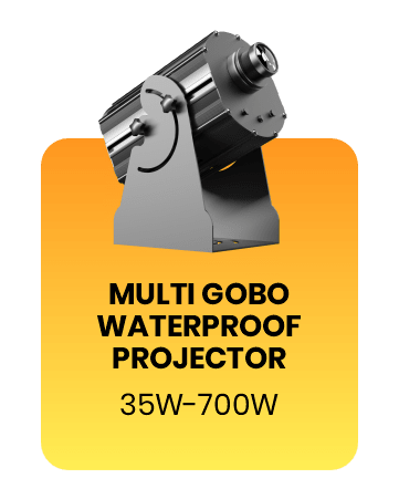 Multi-gobo waterproof projector, silver/black body, 3/4 view, on an orange gradient card labeled 'Multi Gobo Waterproof Projector, 35W-700W'