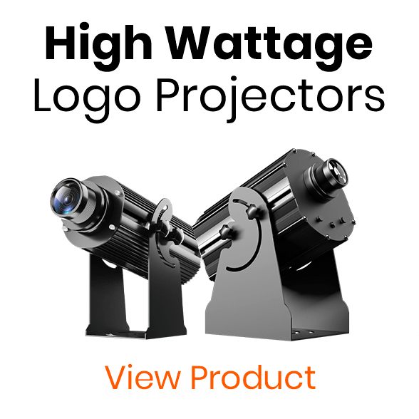 Side-by-side black high-wattage logo projectors under the heading 'High Wattage Logo Projectors' with a 'View Product' button - category header graphic