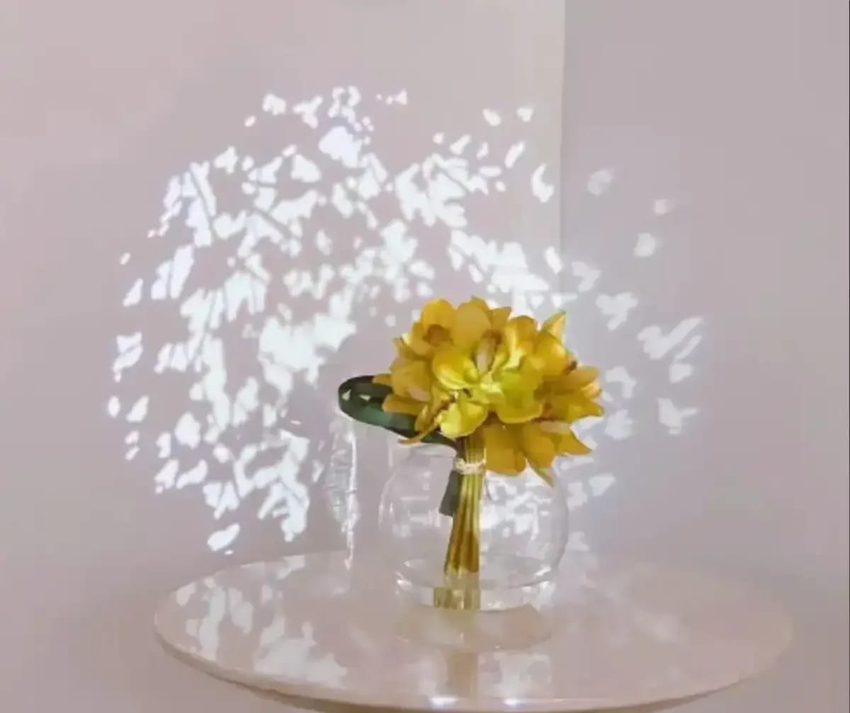 Dappled leaf-light pattern glowing on a wall behind a yellow bouquet, soft ambience from a mini projector