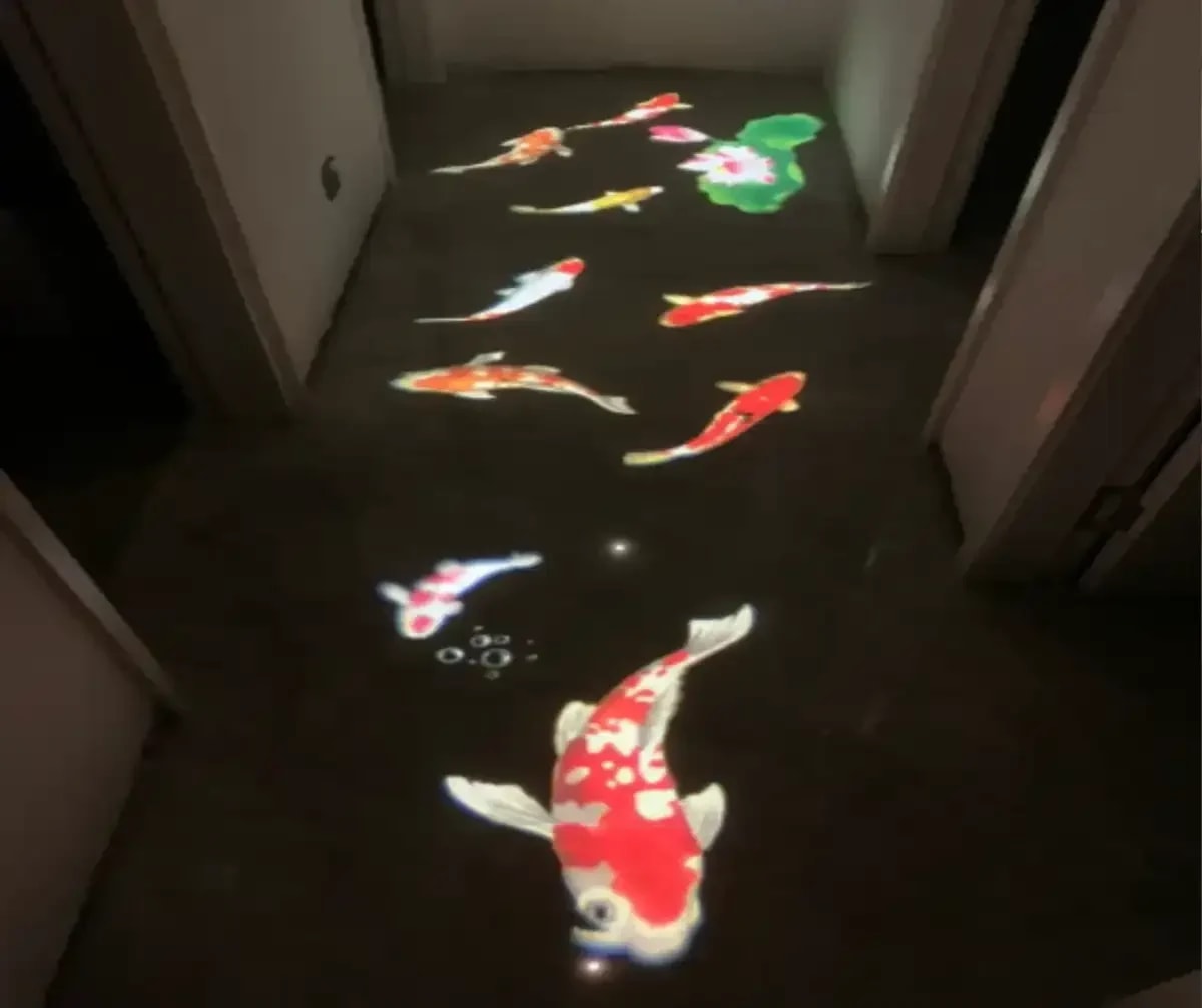 School of bright koi fish with lotus blooms projected down a dark home hallway floor at night