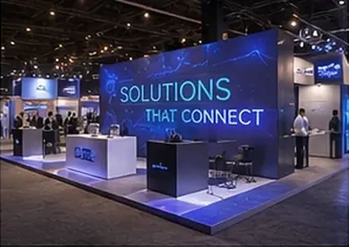 Branded truss-mounted LED wall booth display at a trade show, staff in high-visibility vests — Infinity Projectors