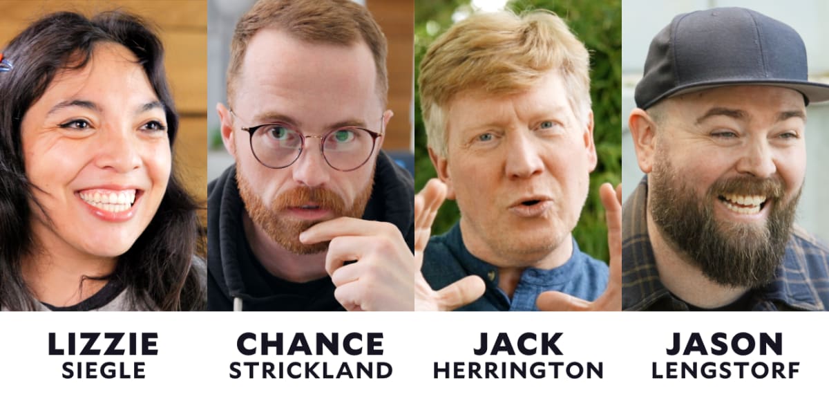 candid headshots of Lizzie, Chance, Jack, and Jason lined up left to right, with their names underneath their photos