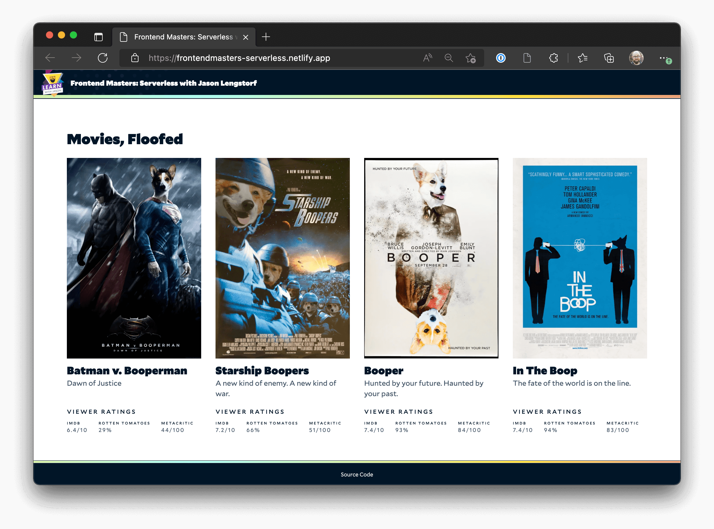 Screenshot of a project from Jason's Frontend Masters Serverless course, which features four movie posters photoshopped with corgis in place of the actors.