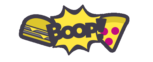 animated sequence of a burger and a slice of pizza colliding with an explosion that says “boop!” in the middle