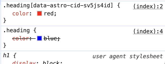 devtools output showing the override crossed out because the component CSS specificity is higher