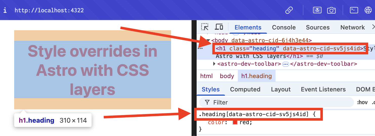 Chromium devtools open to highlight the generated data attribute on an Astro component's rendered HTML