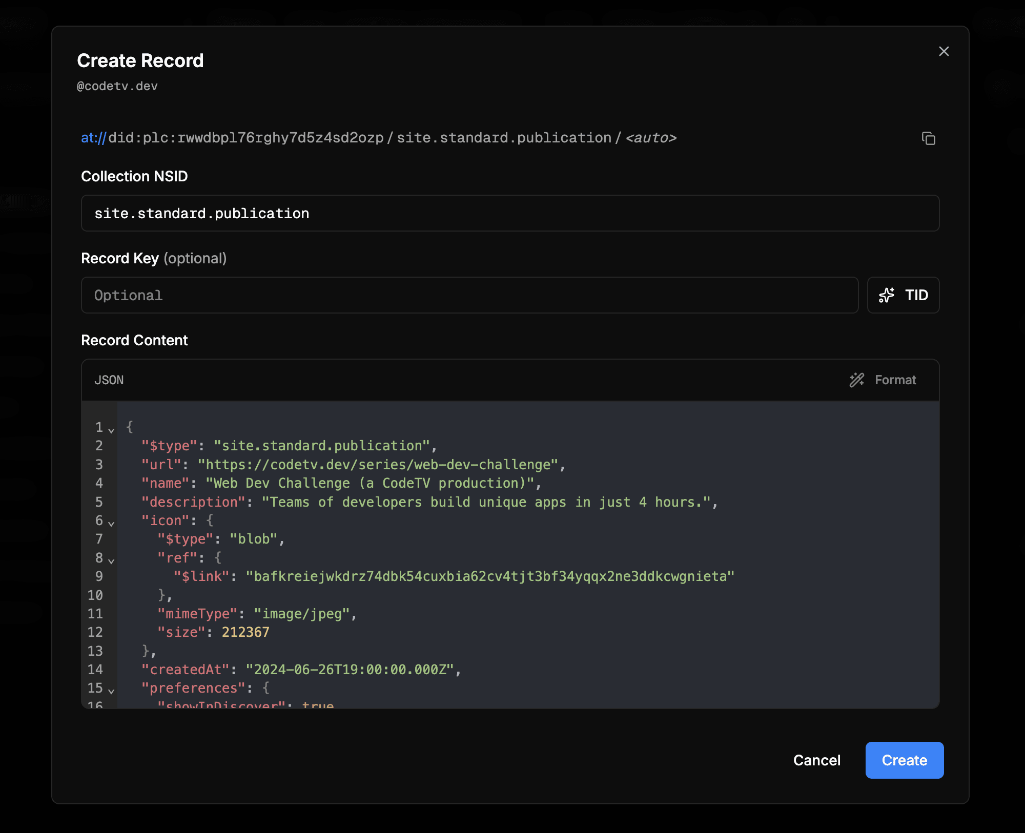 the create record view