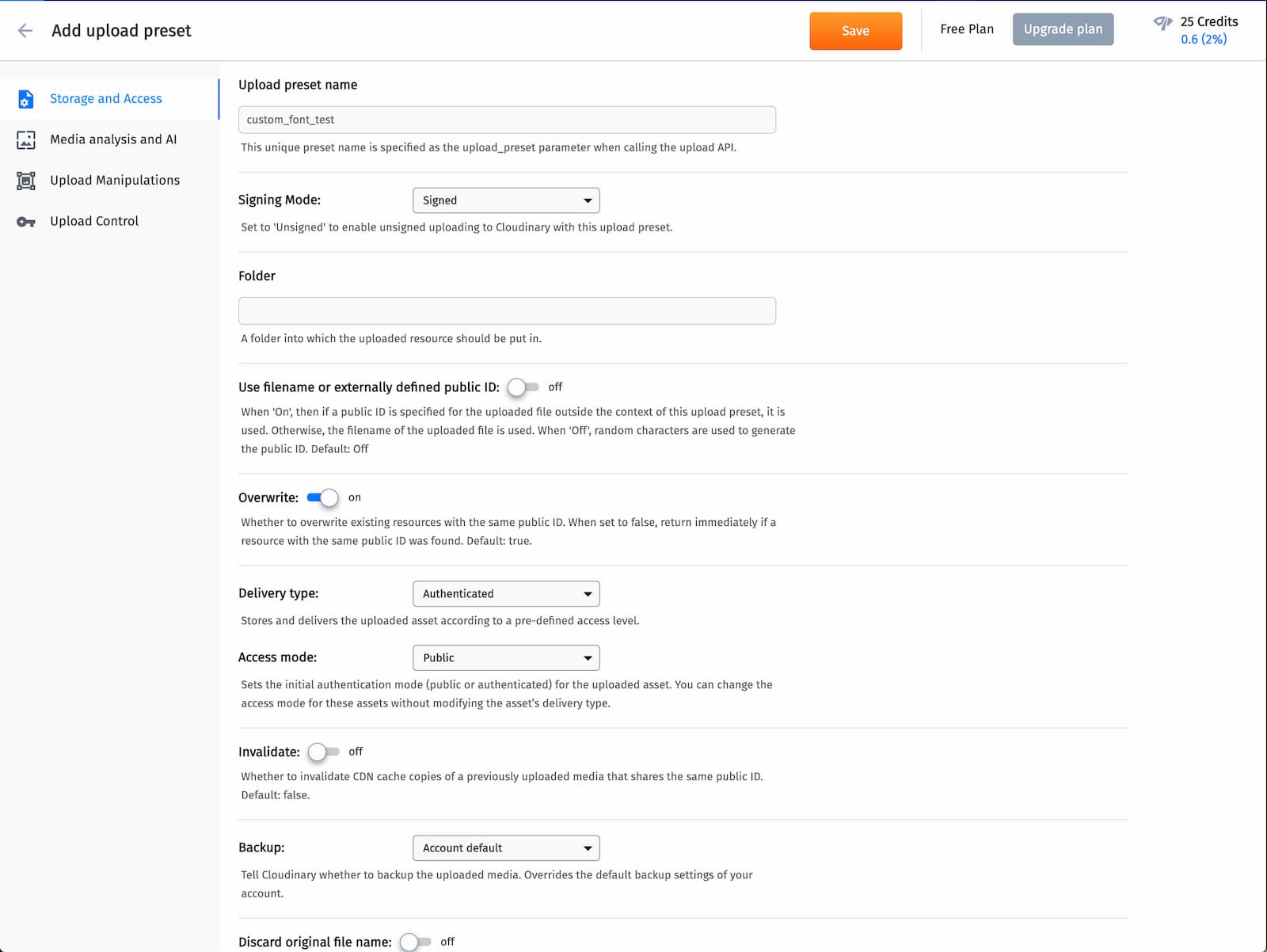 Cloudinary app UI for adding an upload preset.