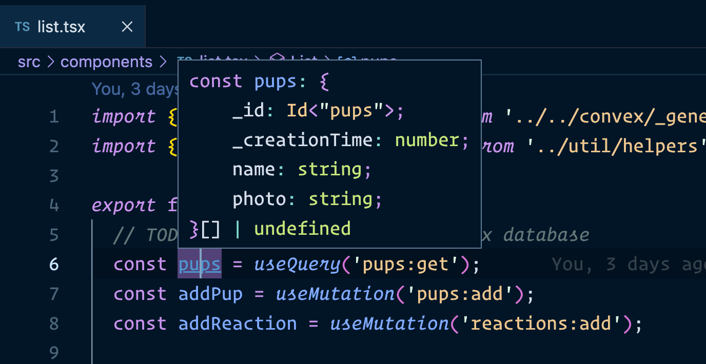 Hovering over the pups variable in VS Code, showing the popover card with
type
data
