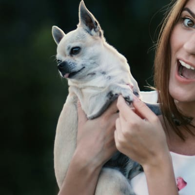 woman wearing white top with a small white dog