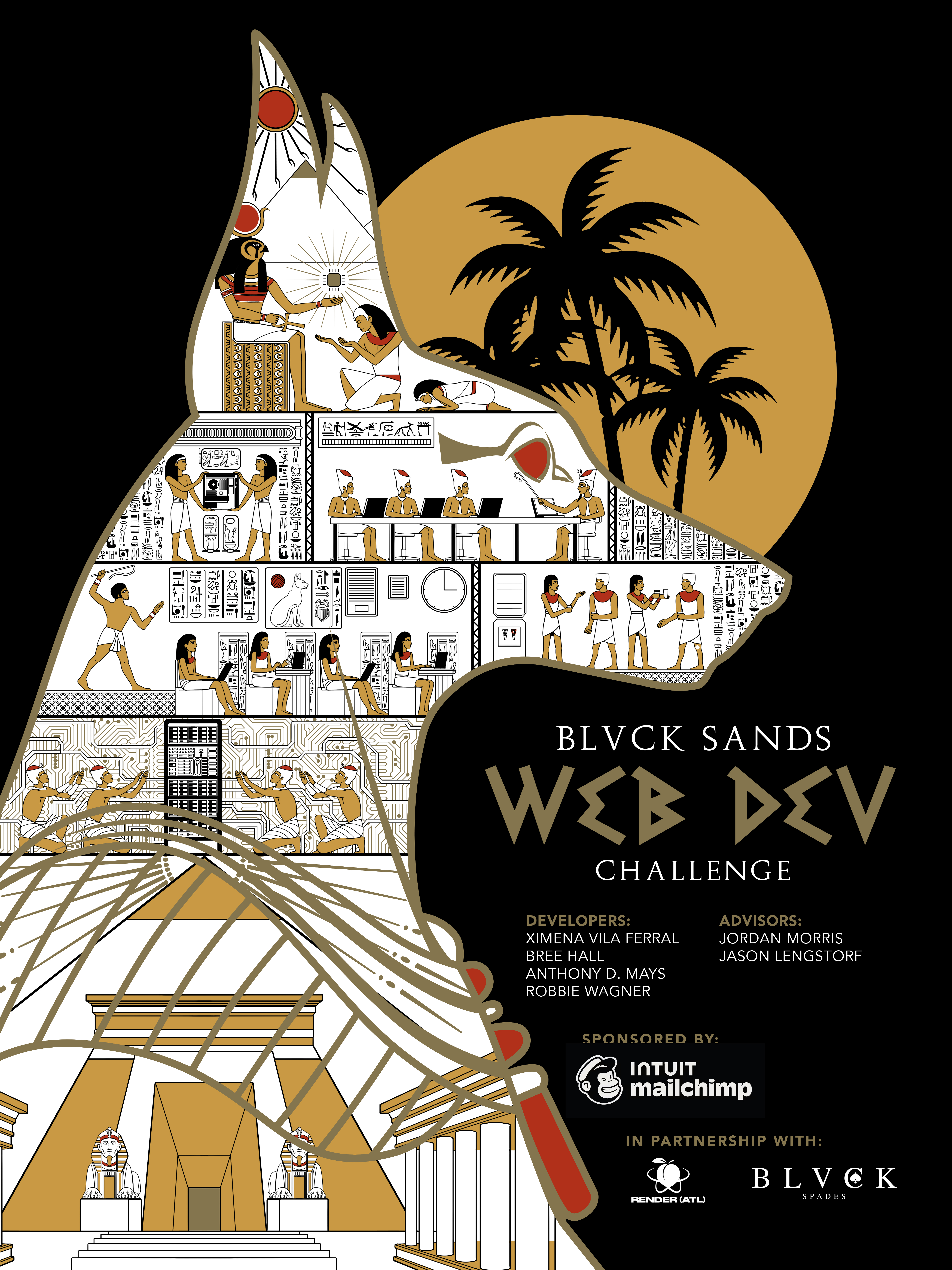 a movie poster with an Egyptian themed profile of Anubis, with hieroglyphics-inspired details inside the profile. it says, Web Dev Challenge, along with the names of the sponsors, the devs, and the advisors