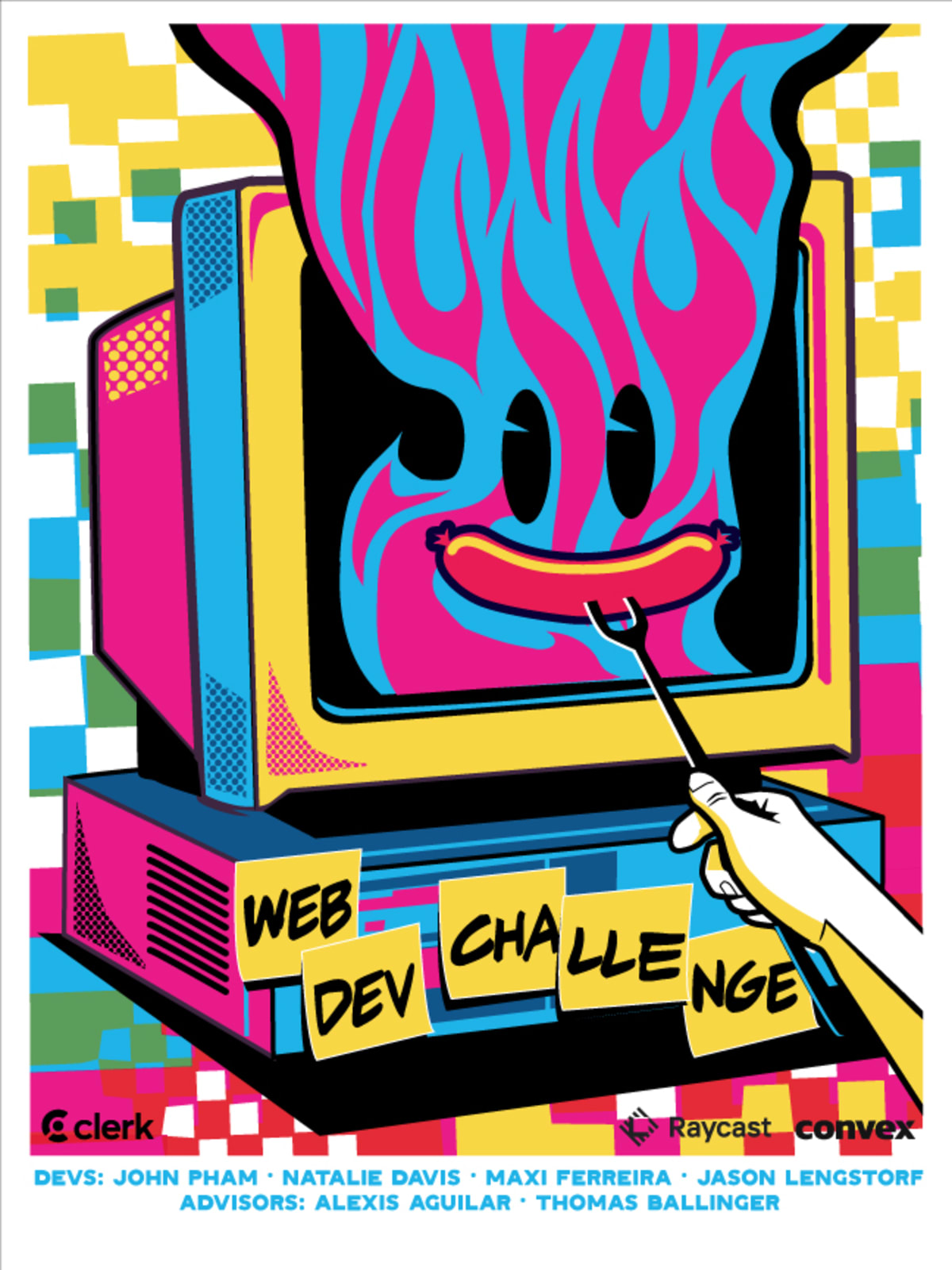 An illustration of a computer monitor with fire raging out of it. An arm is holding out a hot dog on a stick to roast over it. The combination looks like a smiley face. There are sticky notes on the computer that say "Web Dev Challenge".