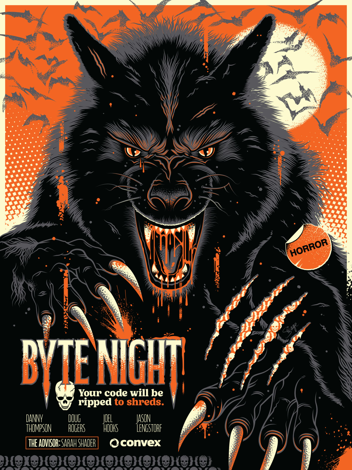 a movie poster that shows a snarling wolf on an orange background, with a moon and bats behind it. the text reads "Byte Night" and lists the names of the developers and advisors